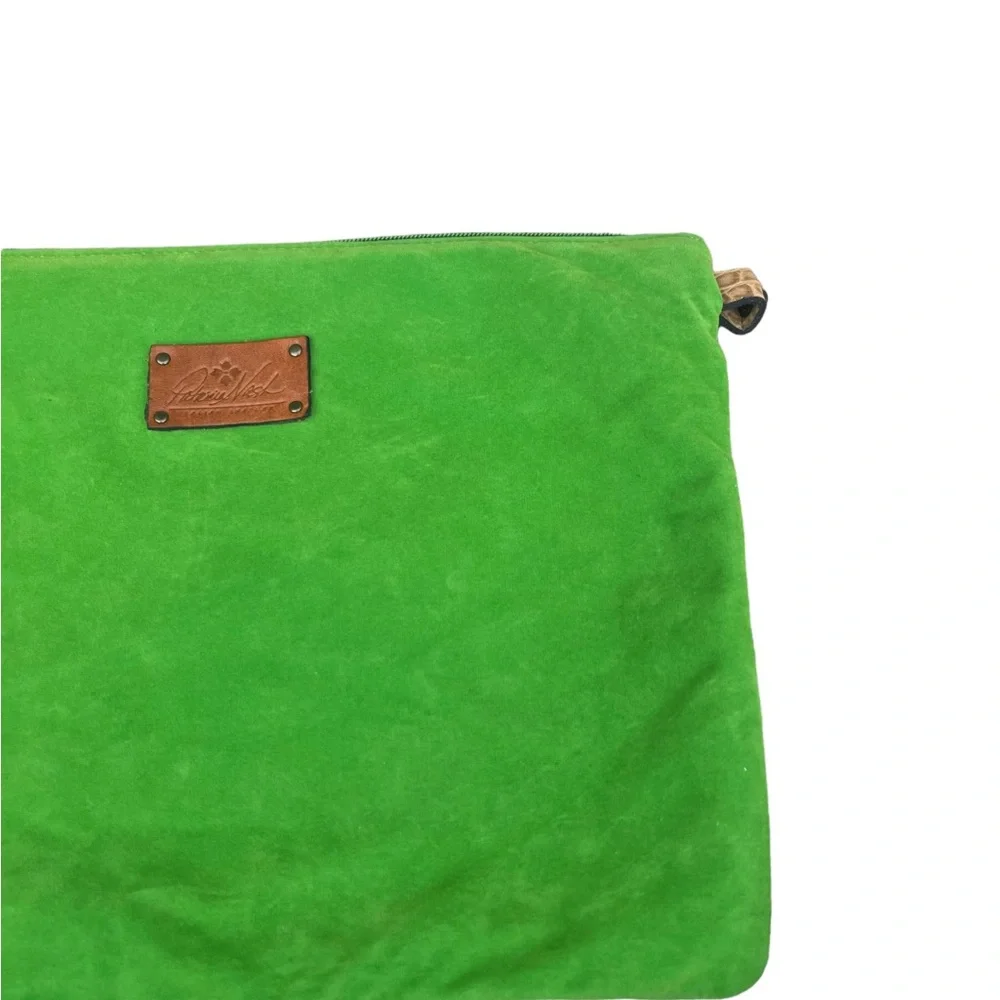 Patricia Nash Green Zip Closure Bag Leather Trim Logo Spellout Used Travel